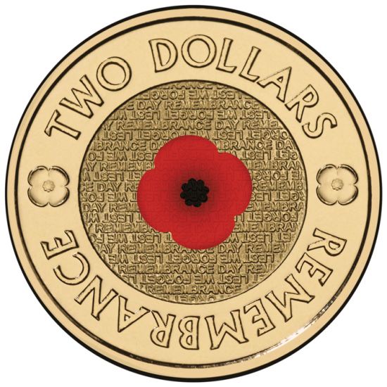 2012 Royal Australian Mint Remembrance Day $2 COLOURED POPPY Loose Coin